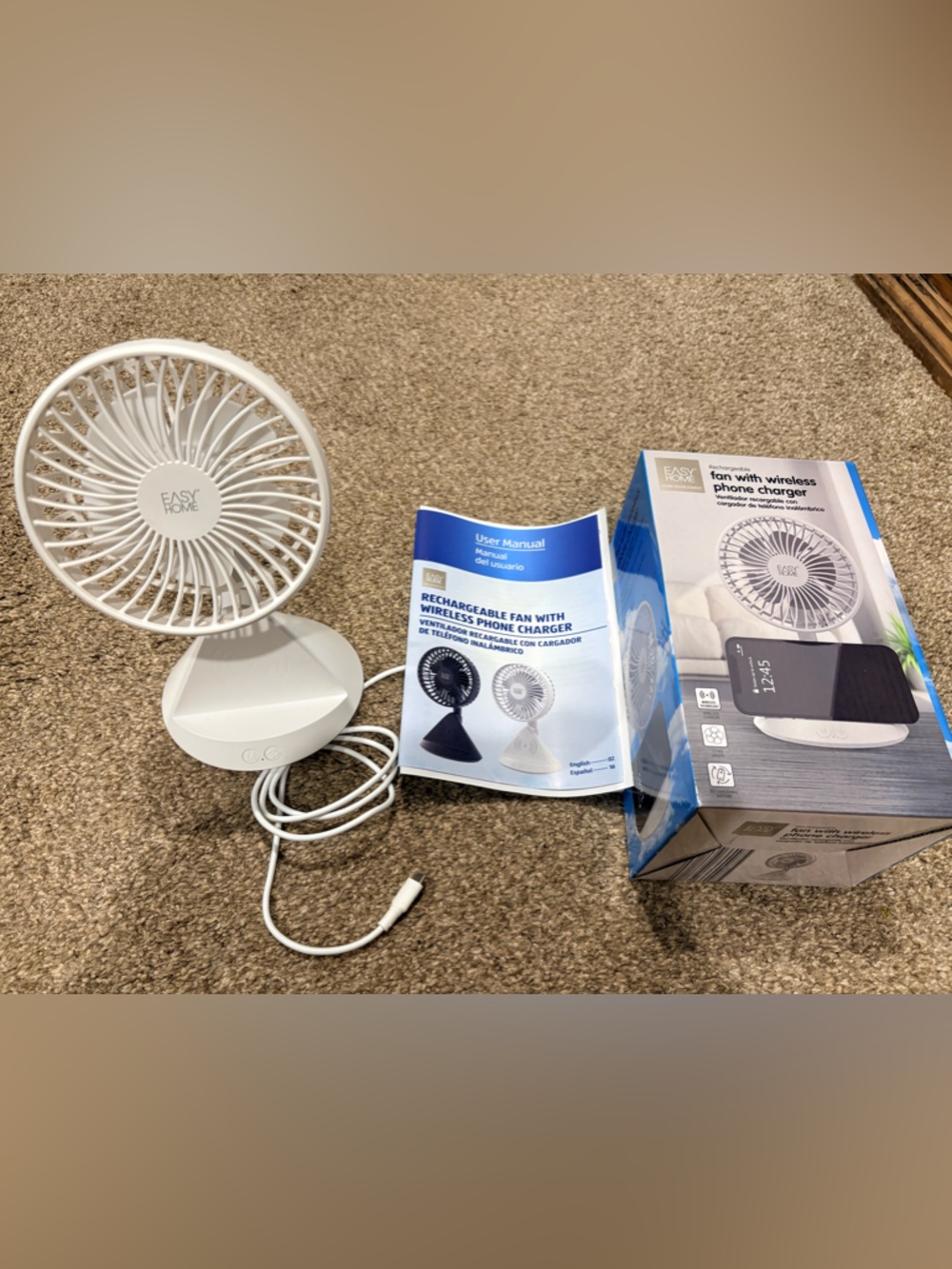 Easy Home White Rechargeable Desk Fan with Wireless Phone Charger